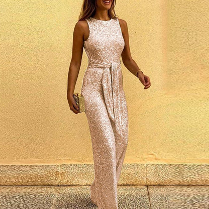 LumiSparkle™ – Backless Glitter Jumpsuit met Riemdetail