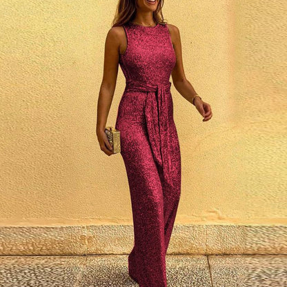 LumiSparkle™ – Backless Glitter Jumpsuit met Riemdetail