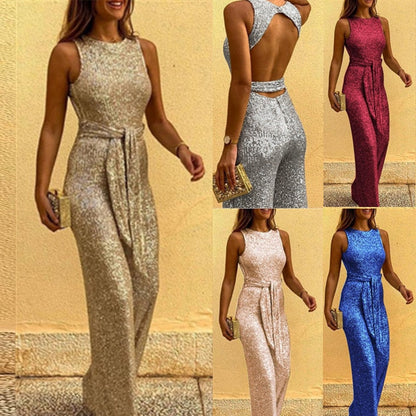 LumiSparkle™ – Backless Glitter Jumpsuit met Riemdetail